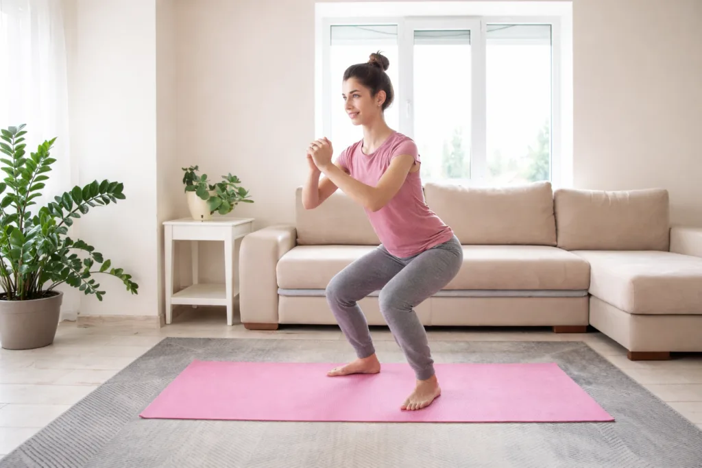 Beginner fitness oefening thuis in woonkamer op mat zonder apparatuur