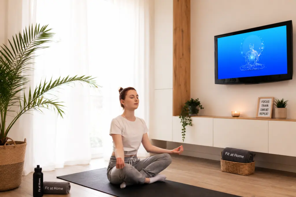 Vrouw mediteert thuis op yogamat met Fit at Home workout op tv