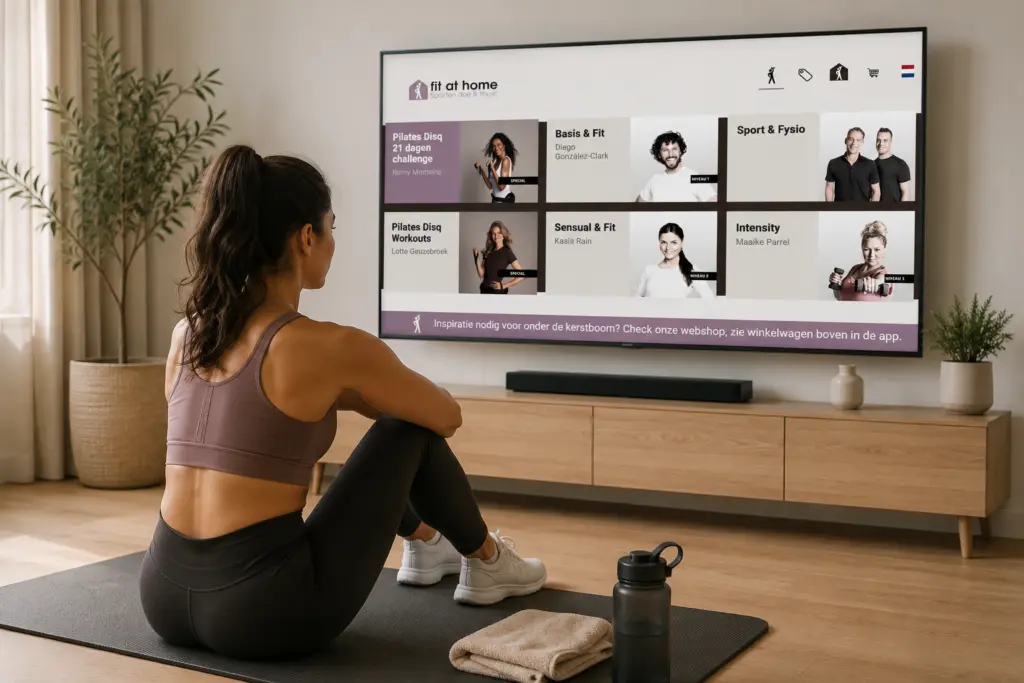 vrouw gebruikt Fit at Home workout app op tv thuis