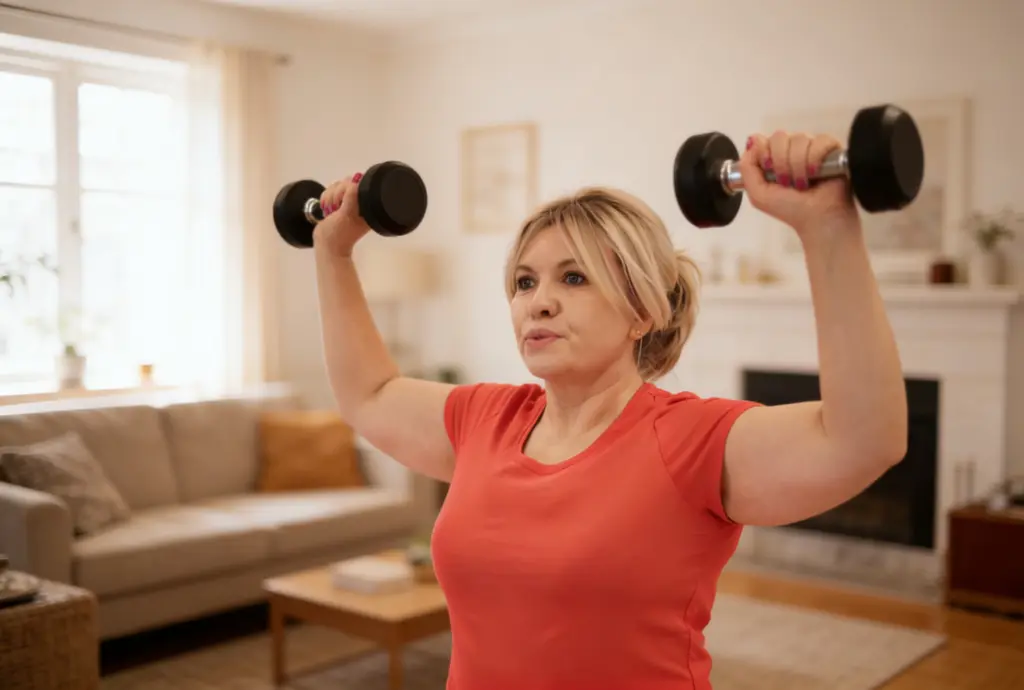 vrouw doet krachttraining met dumbbells in woonkamer