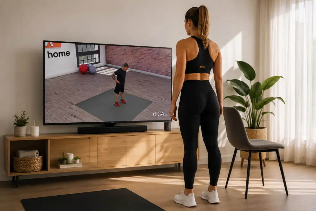 vrouw doet standing calf raises thuis met Fit at Home workout op tv
