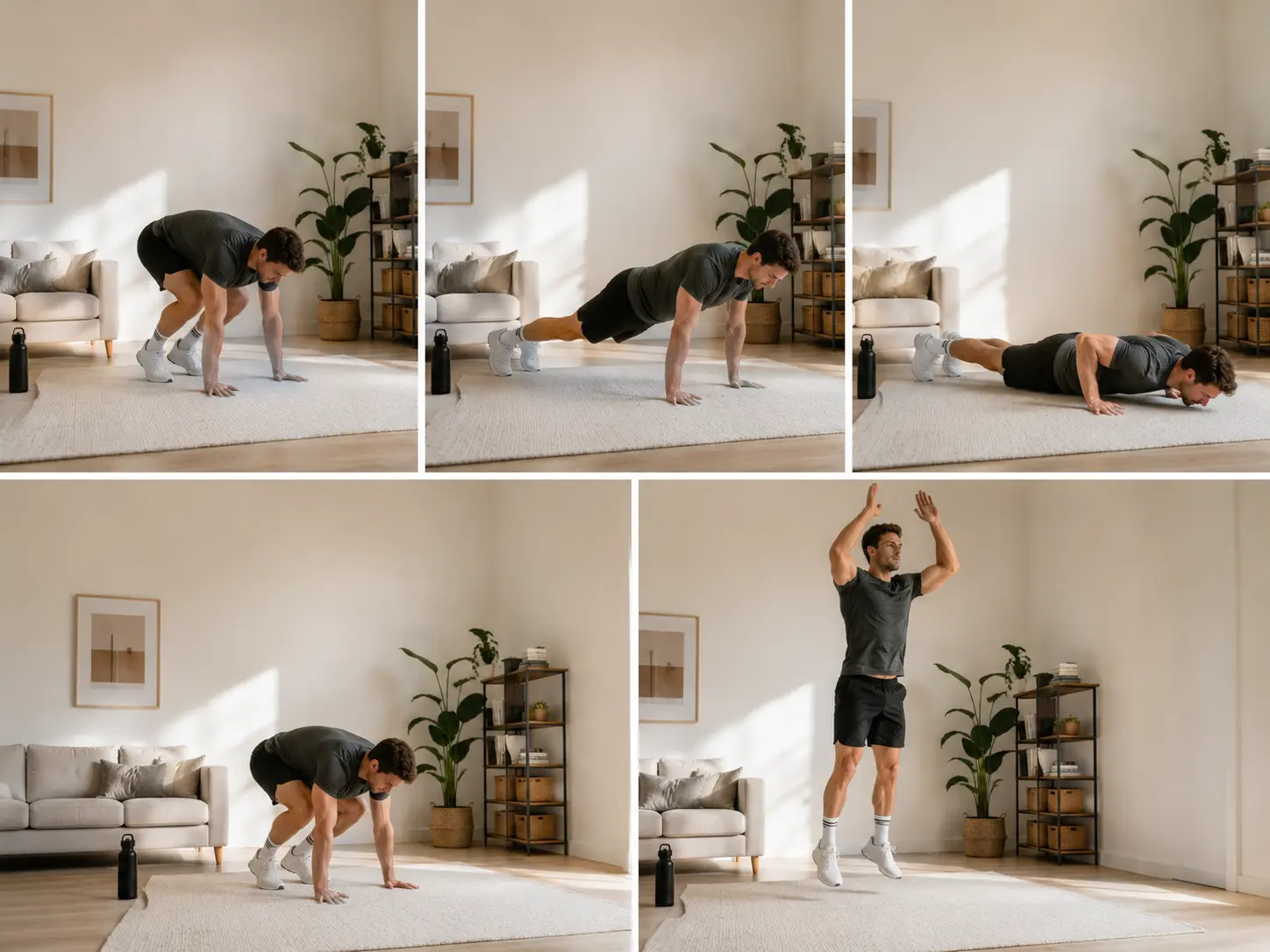 man doet burpees thuis voor full body workout en snelle vetverbranding