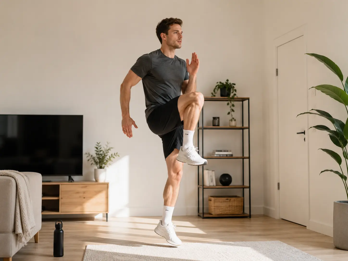 man doet high knees oefening thuis voor cardio en calorieverbranding in moderne woonkamer