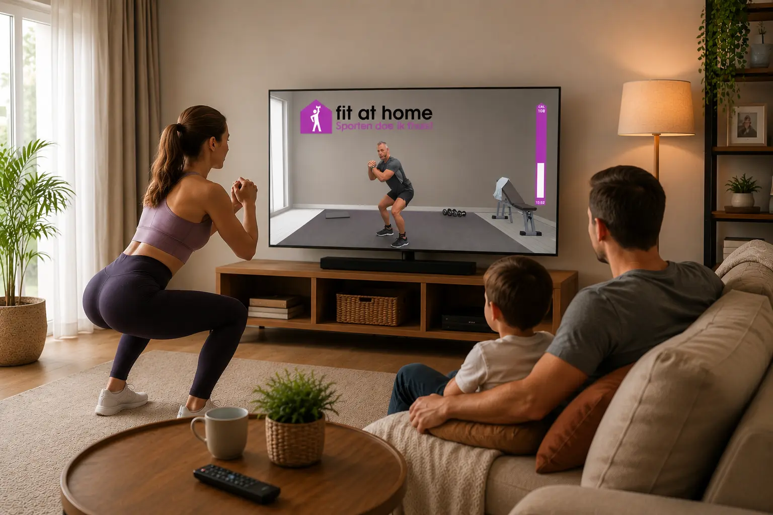 Gezin kijkt naar een workout op televisie terwijl een vrouw thuis sport in de woonkamer.Gezin kijkt naar een workout op televisie terwijl een vrouw thuis sport in de woonkamer.