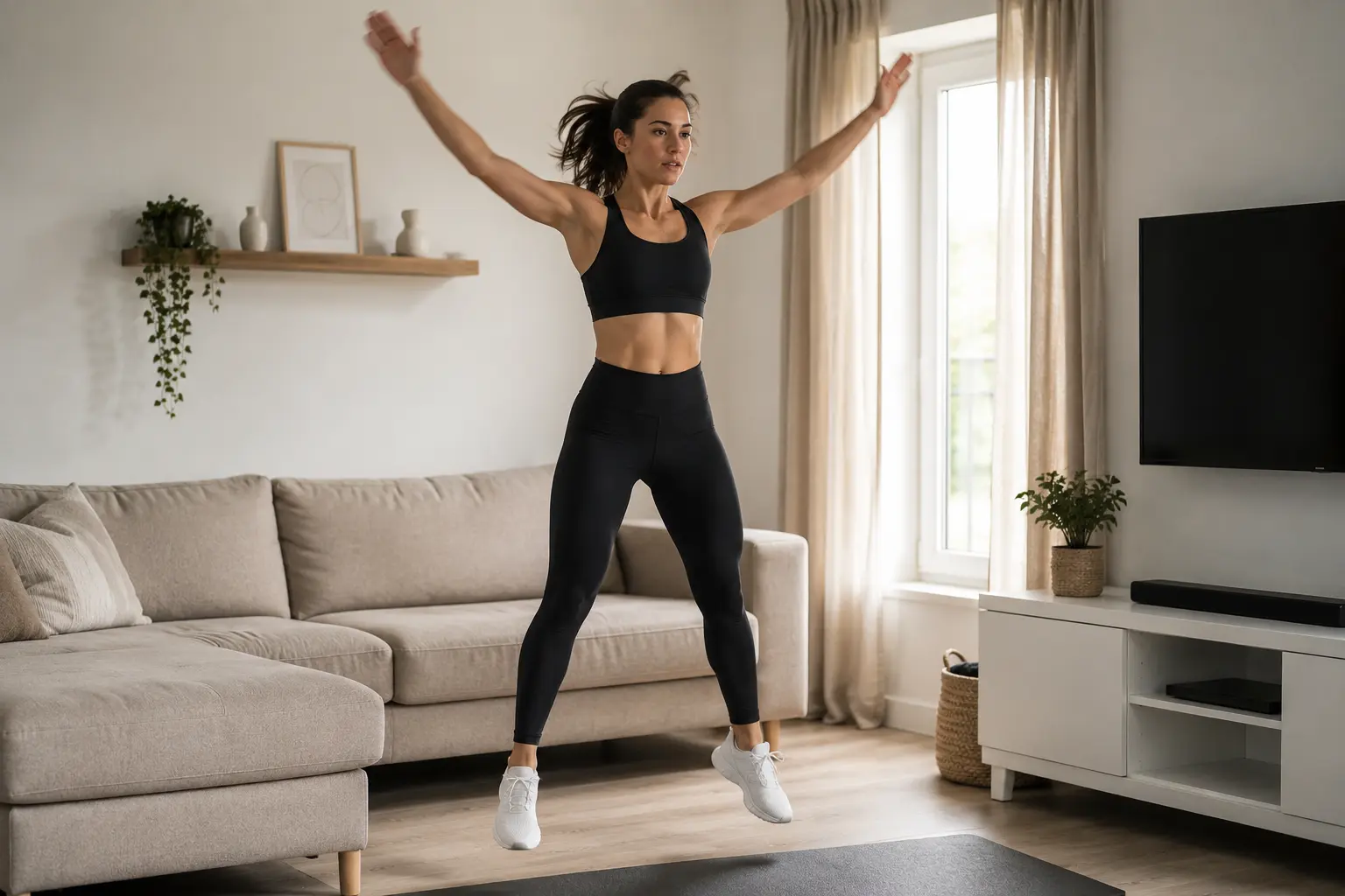 vrouw doet jumping jacks thuis als cardio oefening voor afvallen en conditieopbouw