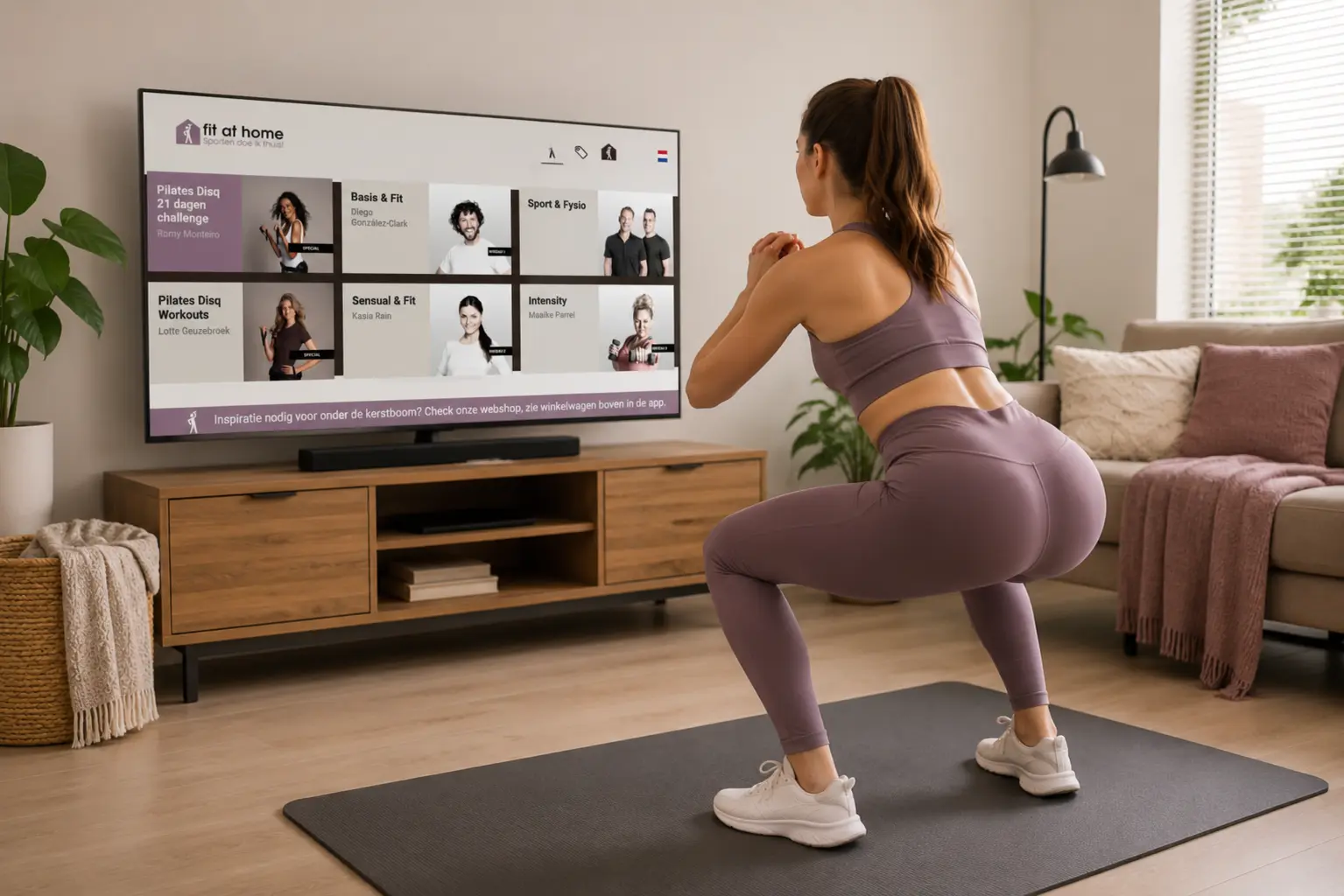 vrouw doet squats thuis voor vetverbranding en sterkere benen met Fit at Home workout op tv