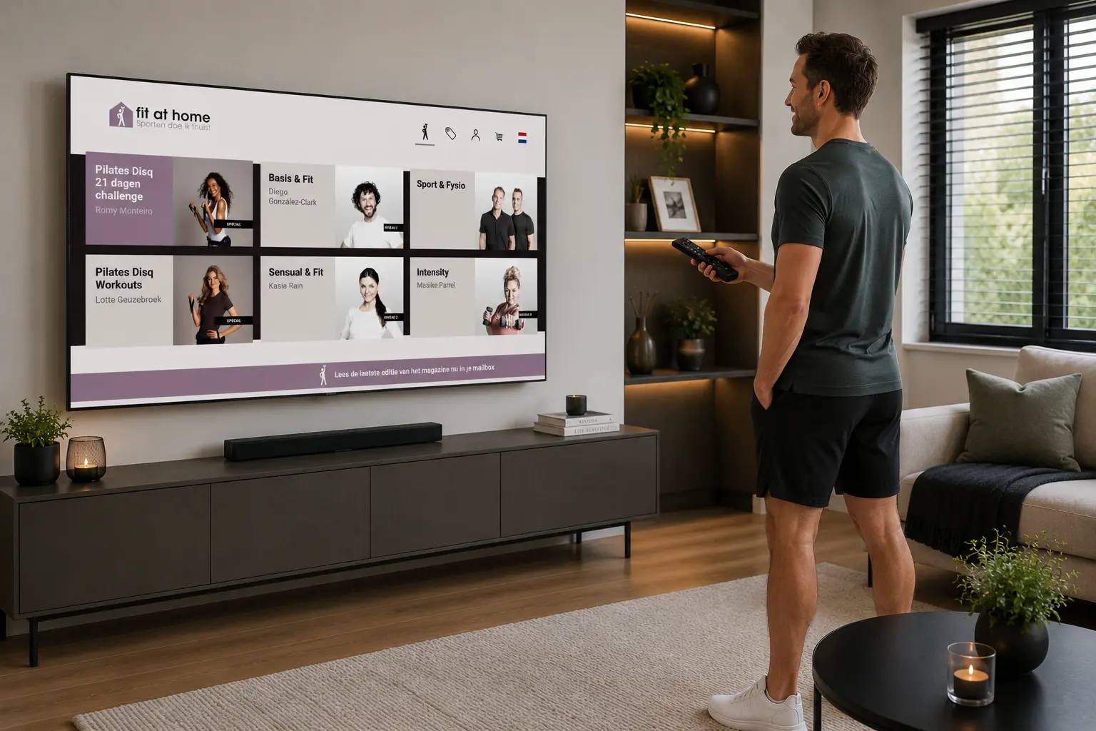 man die thuis sport zonder apparatuur in woonkamer