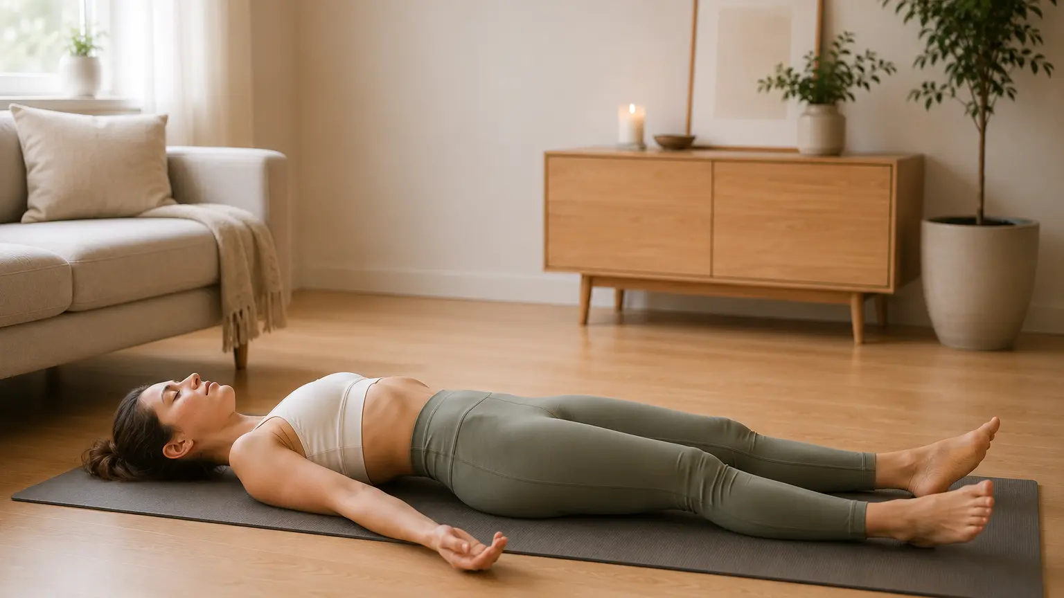 Vrouw voert rek- en strekoefeningen uit tijdens yoga thuis voor meer flexibiliteit en mobiliteit