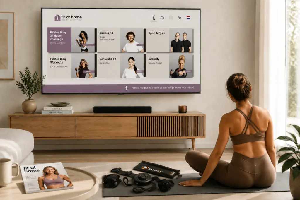 Vrouw zit op een fitnessmat voor de televisie met de Pilates Disq naast zich en opent een workout in de Fit at Home app.