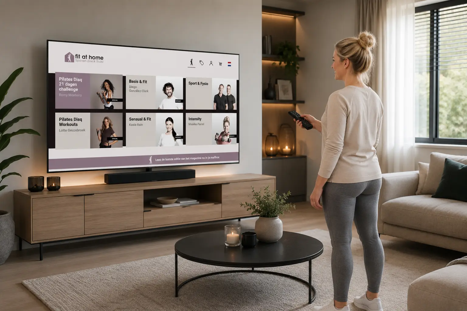 Vrouw sport thuis voor de televisie met het afvalprogramma van Fit at Home