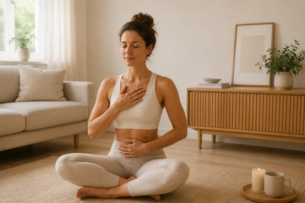 Vrouw doet een zittende ademhalingsoefening tijdens yoga thuis voor beginners in een rustige woonkamer