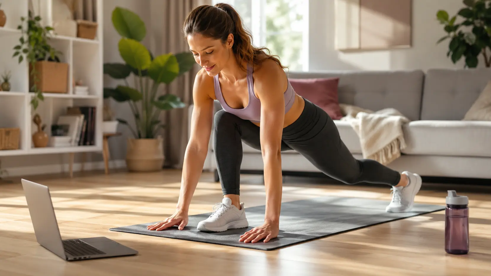 Vrouw begint thuis met sporten na een lange tijd en volgt een workout in de woonkamer