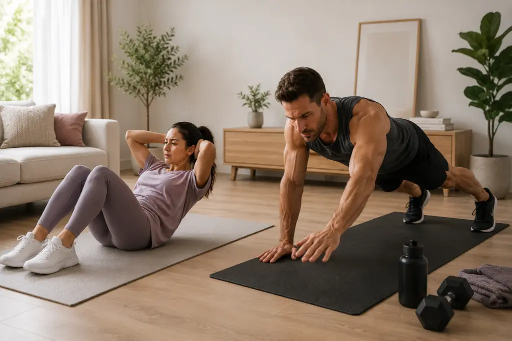 Beginners en gevorderden sporten thuis met Fit at Home workouts
