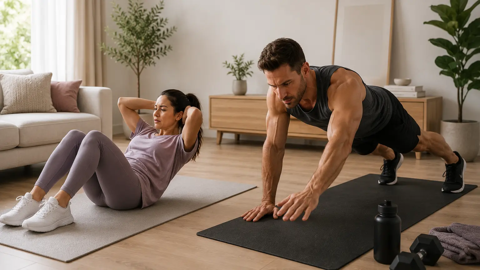 Beginners en gevorderden sporten thuis met Fit at Home workouts