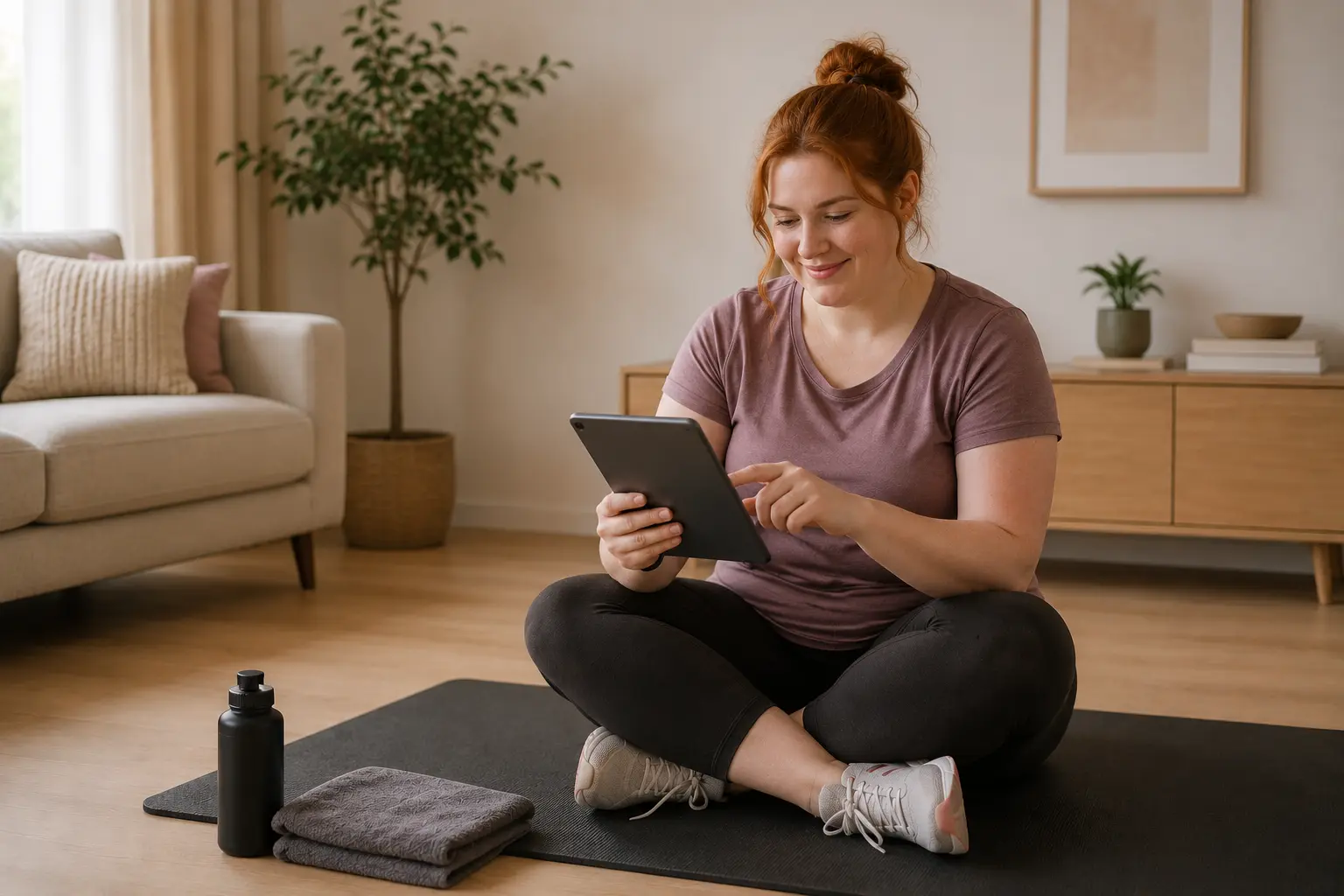 Vrouw bekijkt haar voortgang in de Fit at Home app tijdens haar afvaltraject