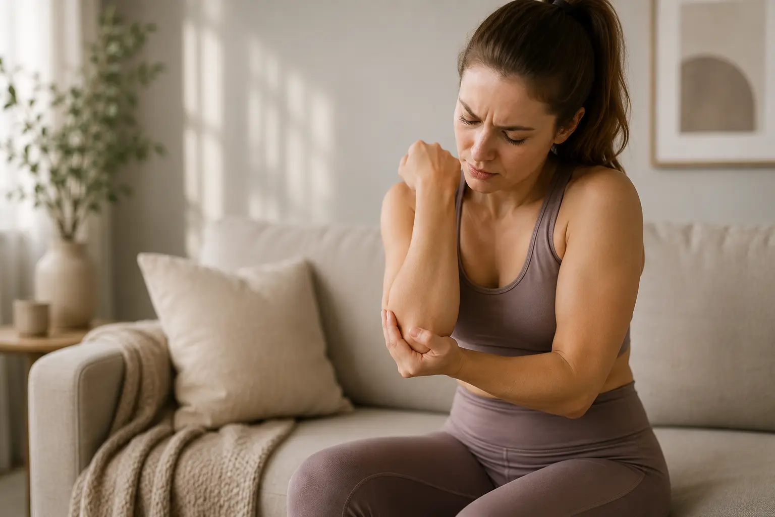 vrouw met elleboogblessure ervaart pijn in elleboog tijdens thuis sporten