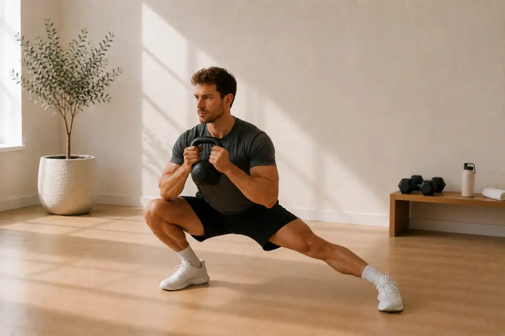 Gevorderde sporter doet intensieve kracht- en cardio workout thuis