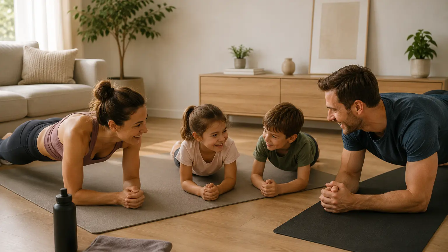 Gezin sport samen thuis met Fit at Home voor een actieve leefstijl