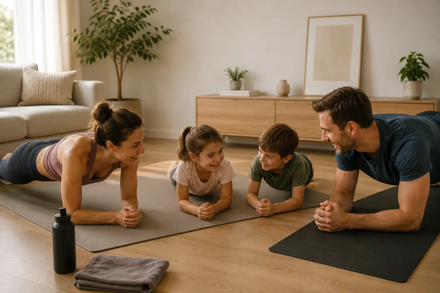 Gezin sport samen thuis met Fit at Home voor een actieve leefstijl