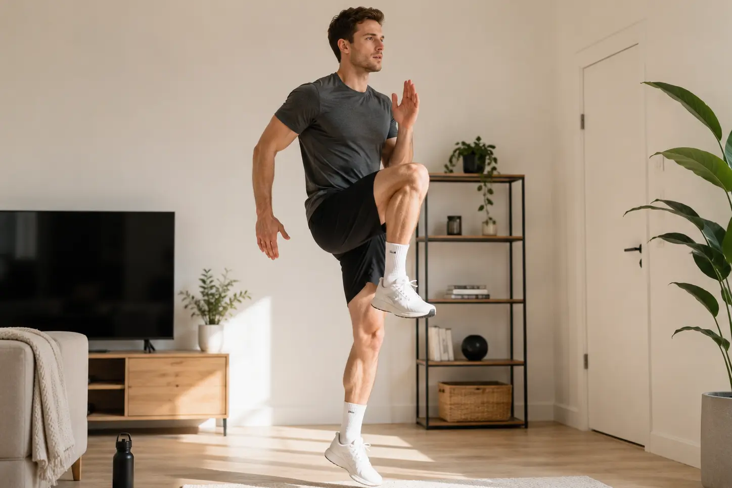 man doet high knees oefening thuis voor cardio en calorieverbranding in moderne woonkamer