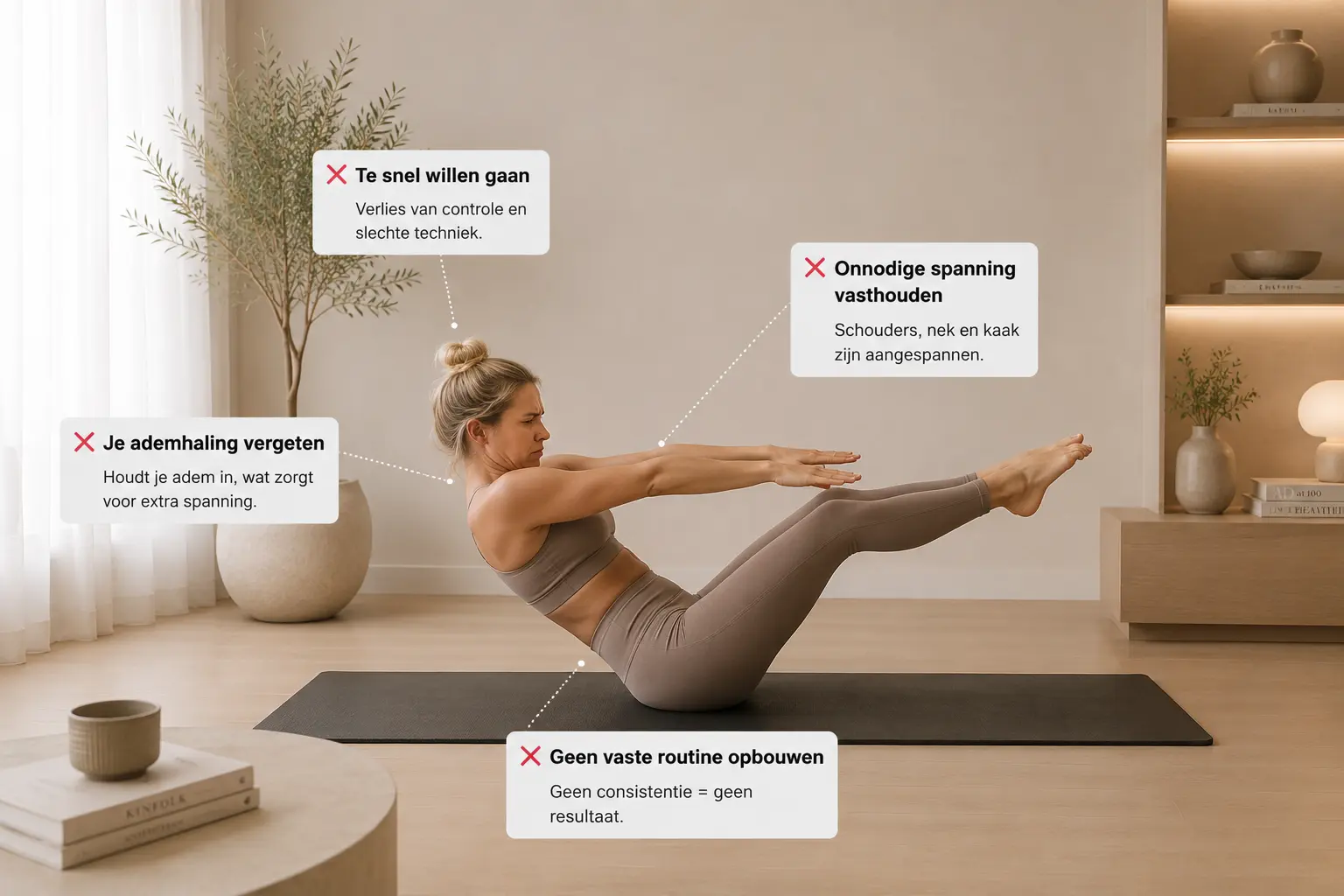 Pilates houding voor beginners met aandachtspunten voor correcte uitvoering