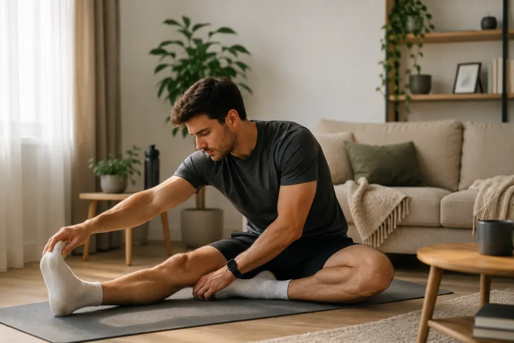 Man doet herstel- en rekoefeningen na een workout thuis