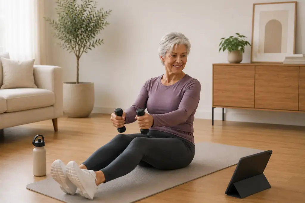 Actieve vrouw van 50-plus sport thuis met Fit at Home oefeningen