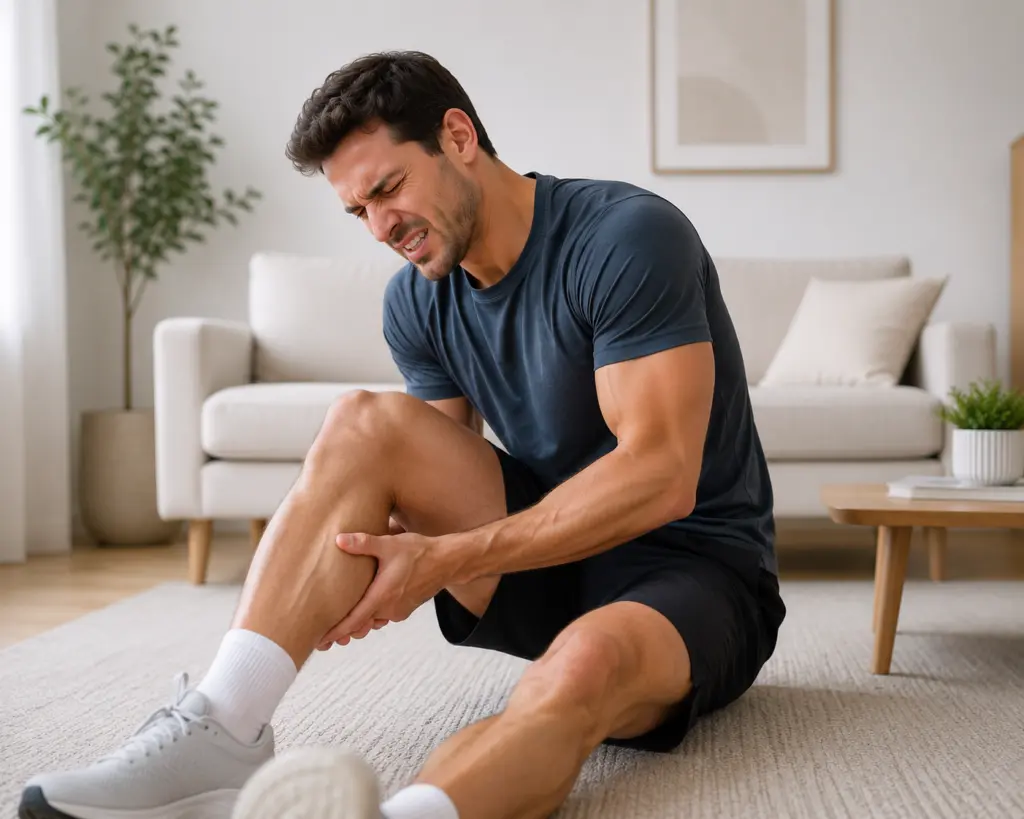 Man met spierverrekking in zijn been tijdens herstel van een sportblessure thuis