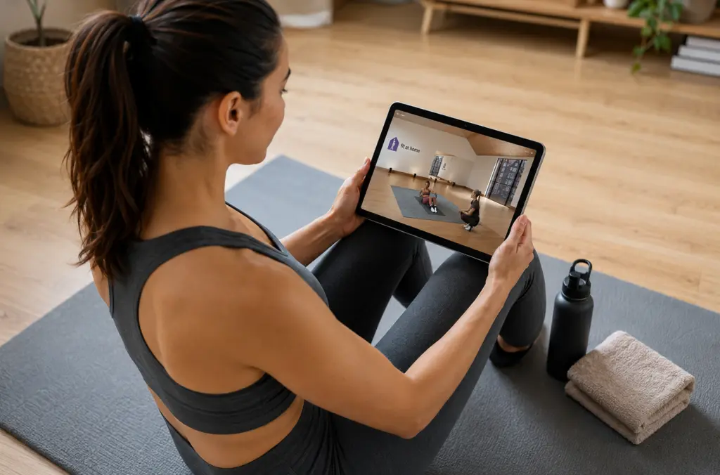 Vrouw volgt een online workout via de Fit at Home app op tablet