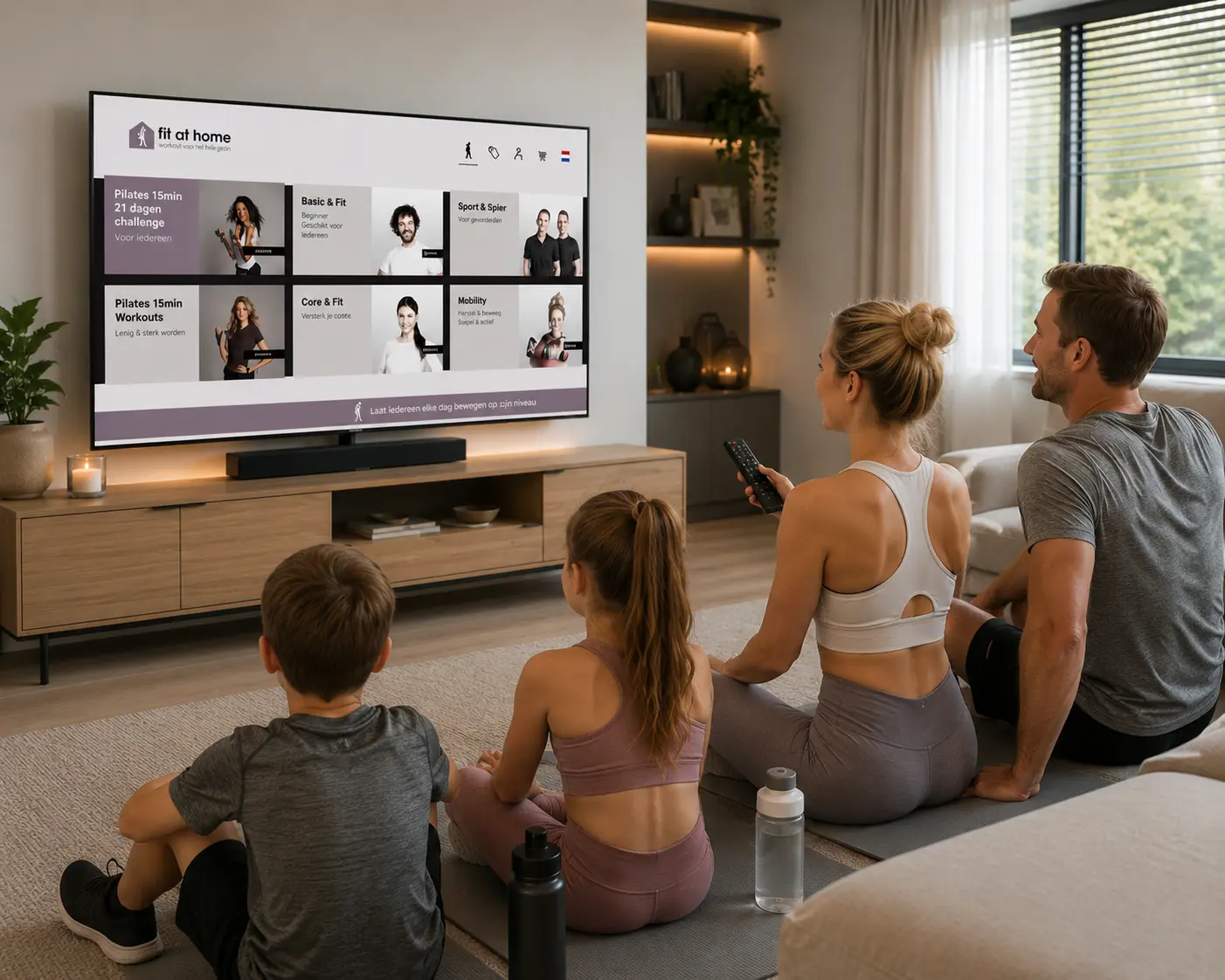 Gezin in sportkleding volgt samen een thuisworkout via de Fit at Home app op de tv in de woonkamer.
