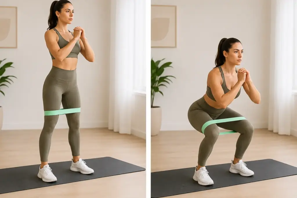 squat met elastiek voor billen en benen trainen thuis