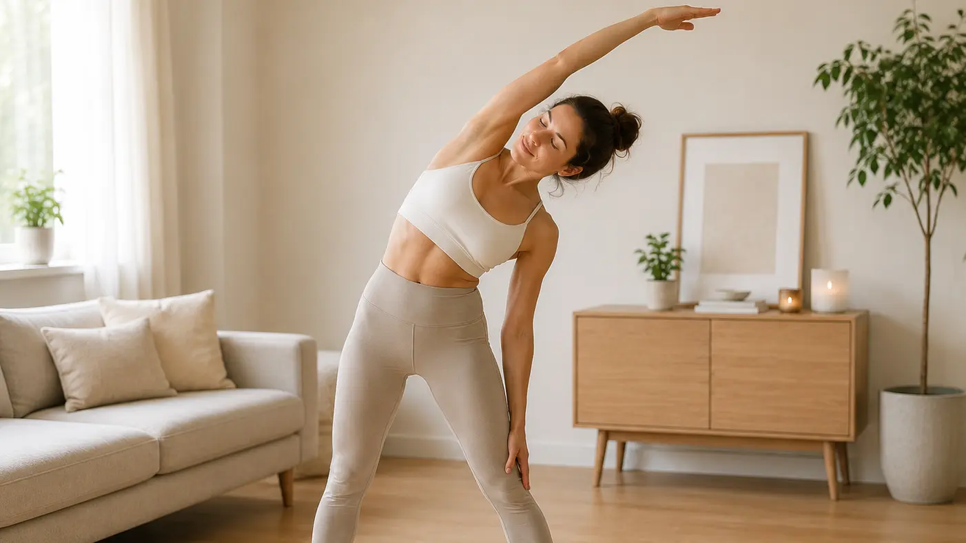 Vrouw voert rek- en strekoefeningen uit tijdens yoga thuis voor meer flexibiliteit en mobiliteit