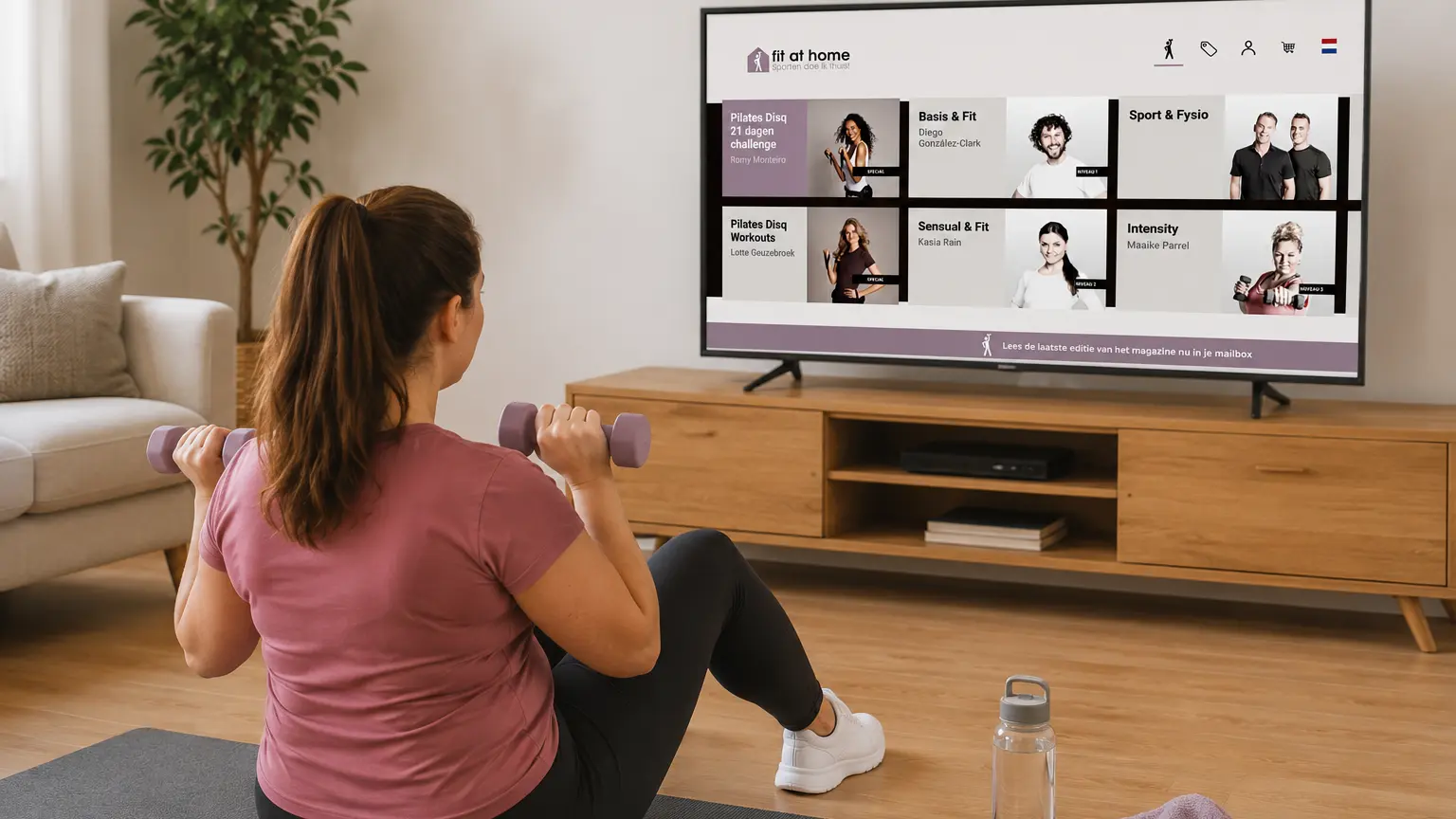 vrouw start met thuis sporten in woonkamer