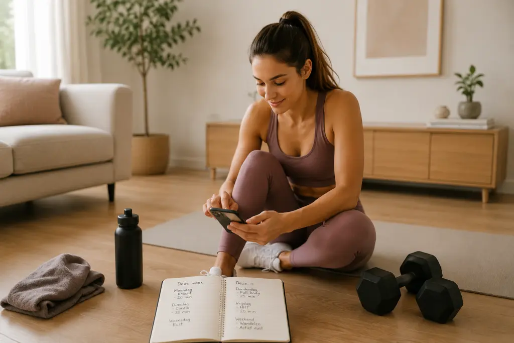 Vrouw plant een korte thuisworkout met Fit at Home voor een drukke agenda