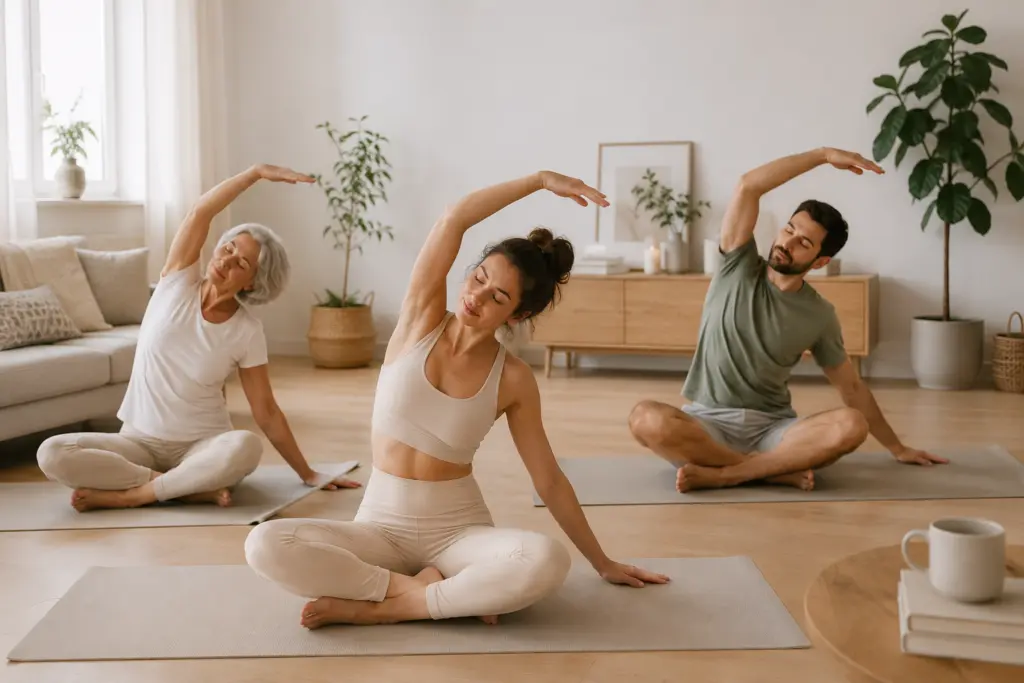 Verschillende mensen volgen een yogales voor beginners vanuit huis