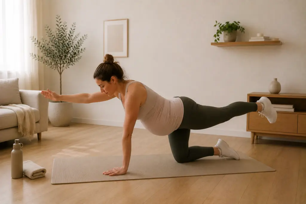Zwangere vrouw volgt een veilige zwangerschap workout thuis