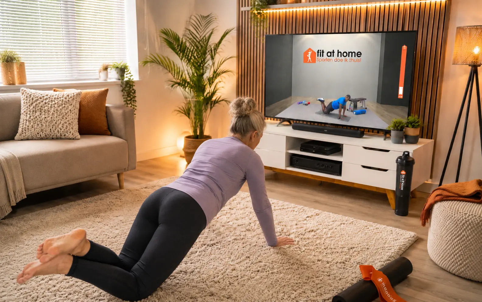 60-jarige vrouw doet een knielende fitnessoefening in haar woonkamer terwijl ze een Fit at Home-workout op tv volgt.