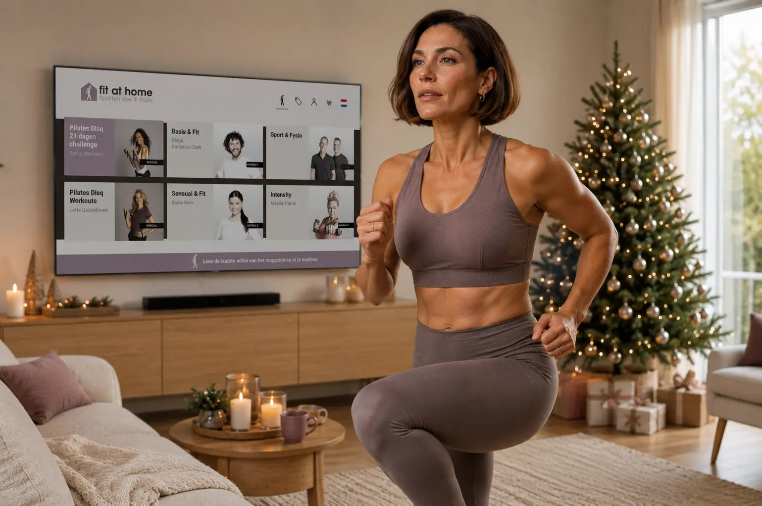 Vrouw voert een intensieve cardio workout uit in een sfeervol versierde woonkamer tijdens de feestdagen.