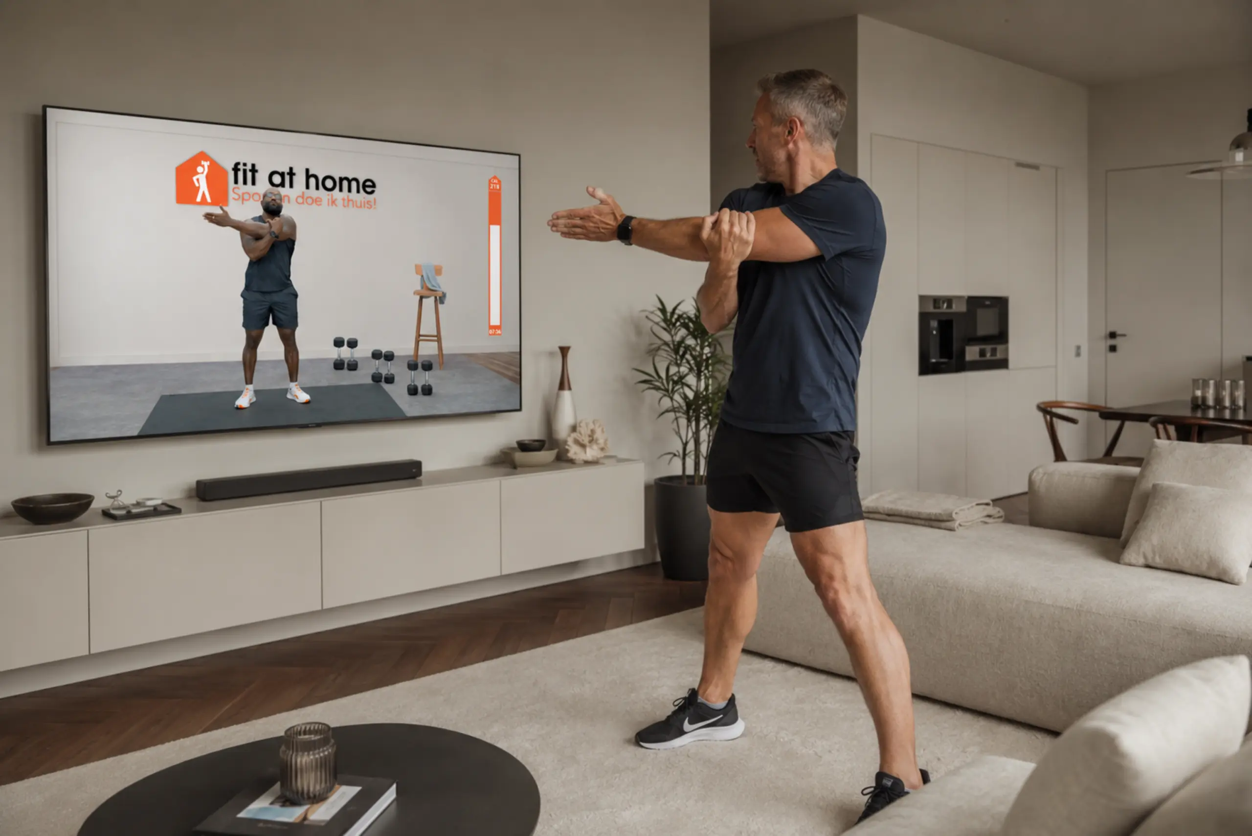 Man traint gemakkelijk fit at home voor zijn tv