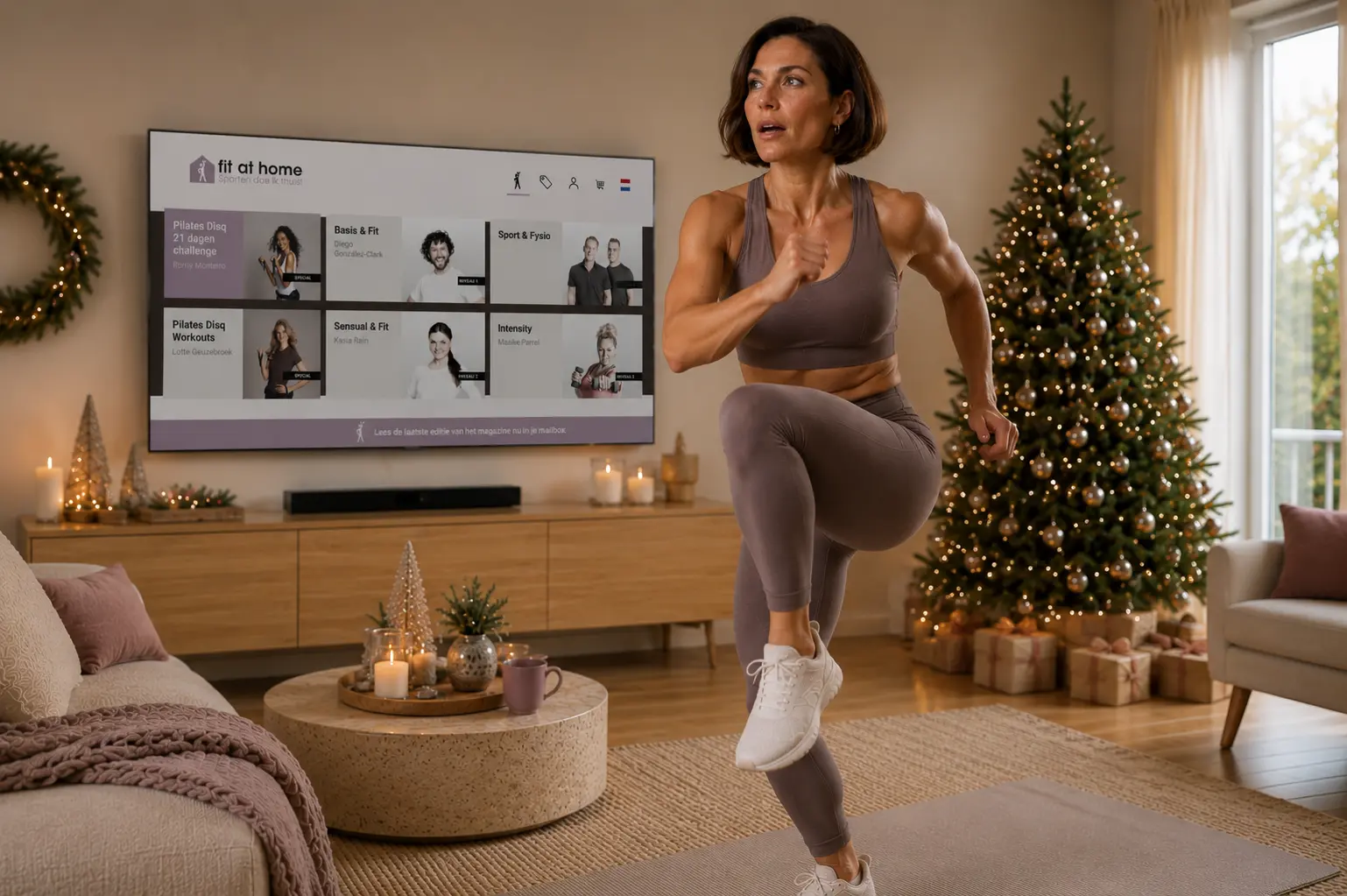 Intensieve HIIT workout thuis tijdens de feestdagen met de Fit at Home app op televisie.