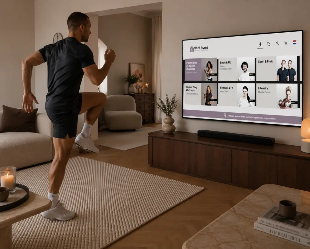 Man volgt een intensieve HIIT workout thuis via de Fit at Home app op tv