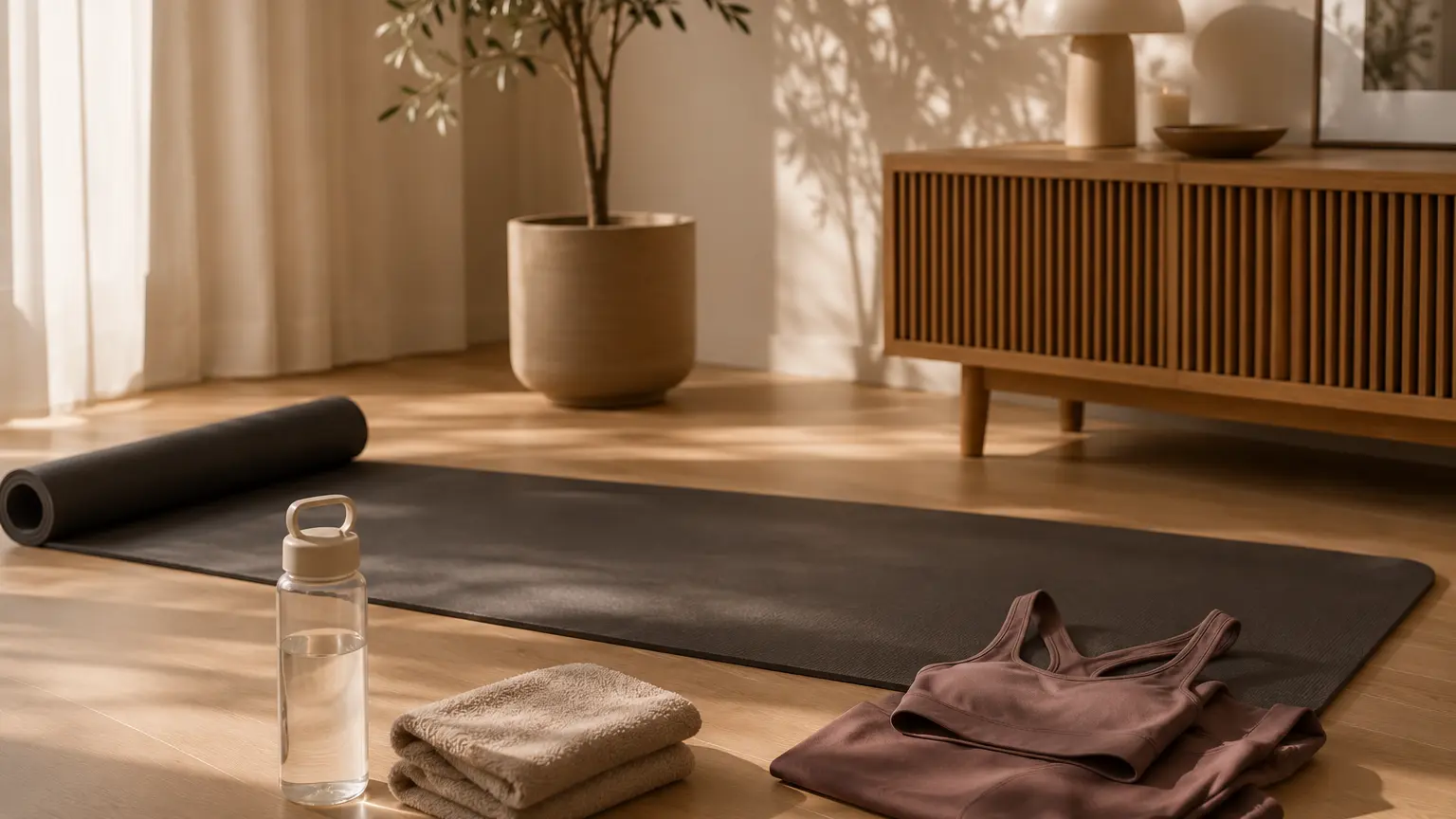 Fitnessmat, comfortabele sportkleding en een rustige ruimte voor een Pilates workout thuis