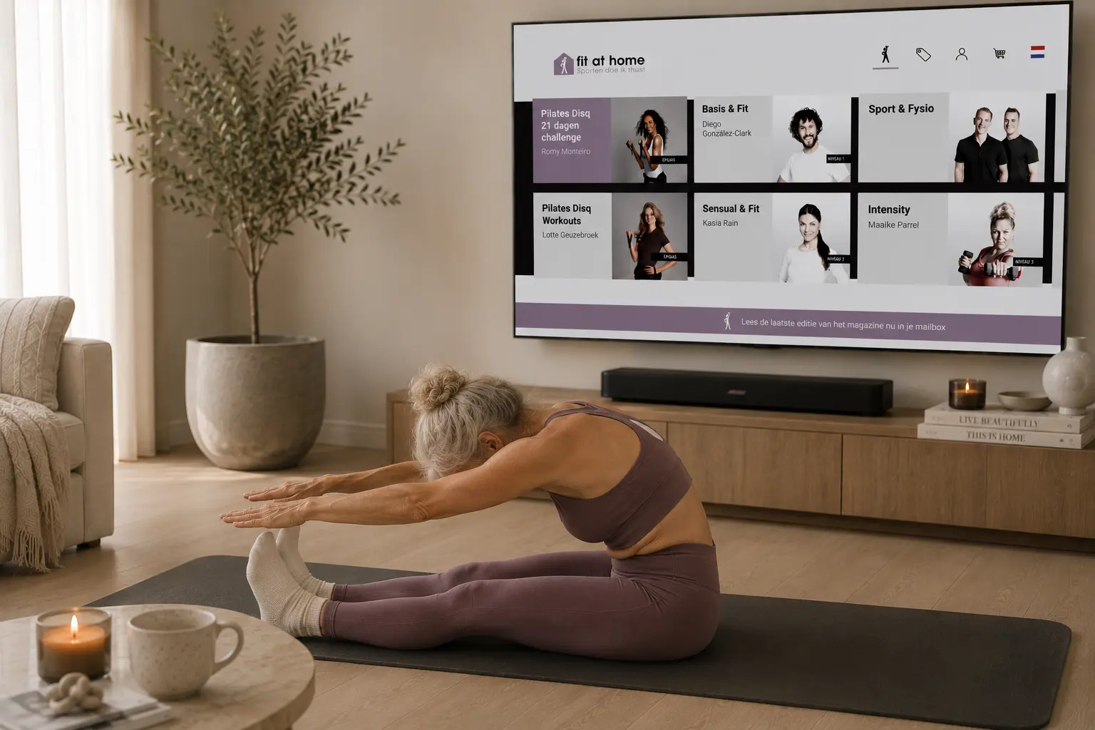 Senior vrouw doet de Pilates Spine Stretch Forward oefening om de rug en hamstrings soepel te houden