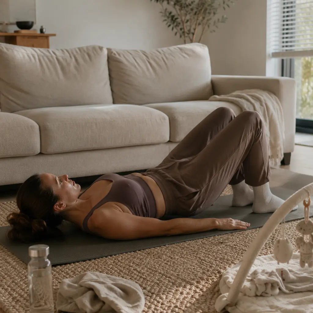 Vrouw doet bekkenkantelingen thuis als onderdeel van een post zwangerschap workout
