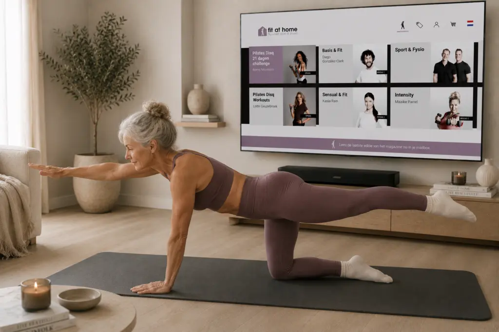 Senior vrouw voert de Pilates Bird Dog oefening uit voor meer balans, coördinatie en rompstabiliteit