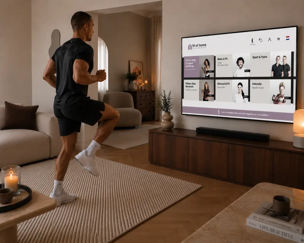Man doet een cardio workout thuis en volgt een online sportles op televisie