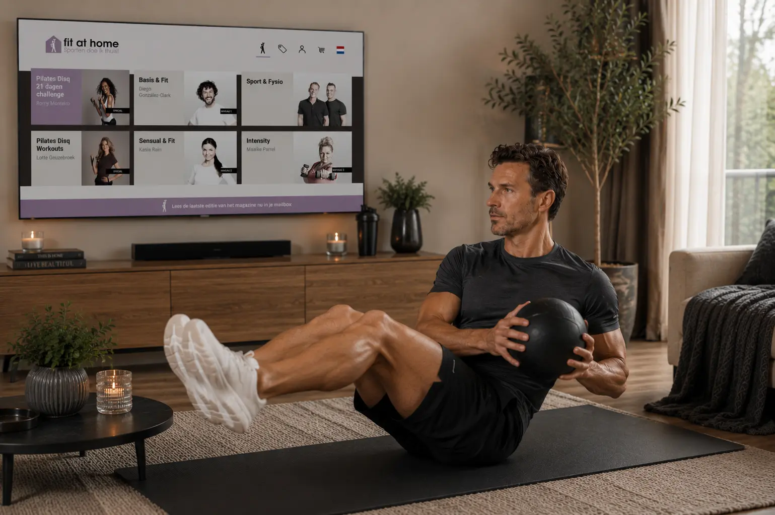 Man doet een core workout thuis voor sterke buikspieren met de Fit at Home app op de televisie.
