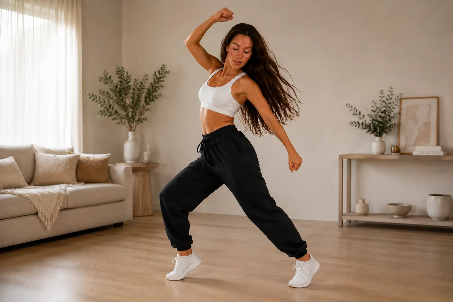 Vrouw doet fitness dans in een moderne woonkamer