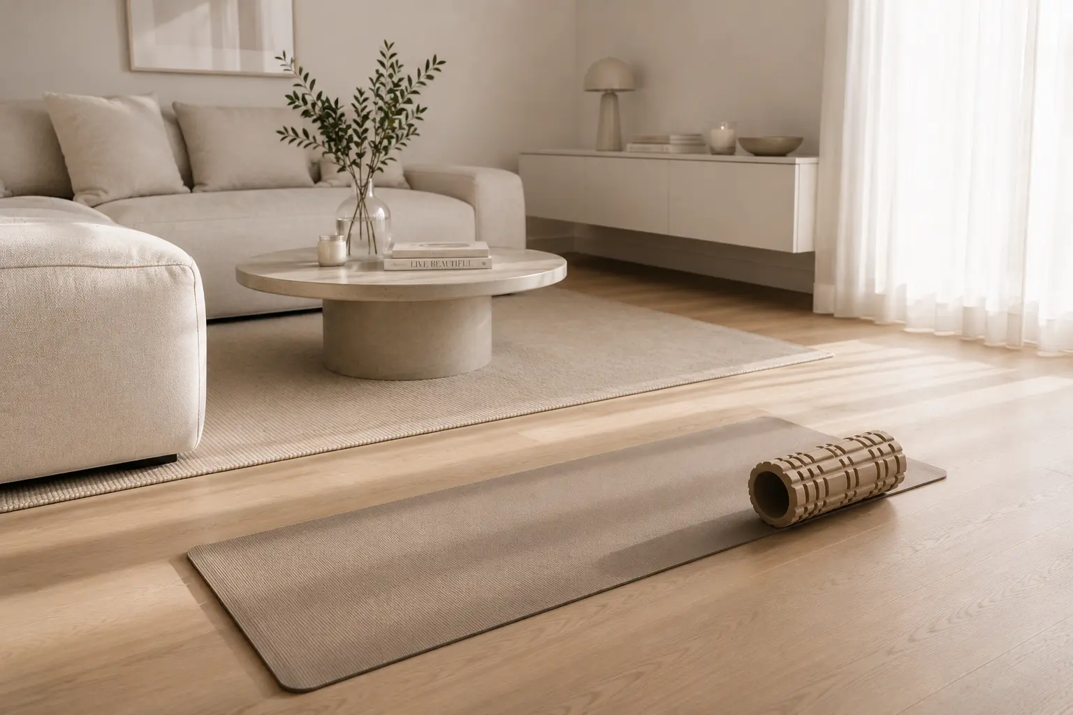 yogamat en foamroller voor yogaworkouts thuis
