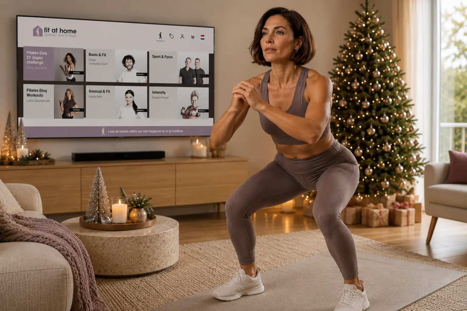 Full body workout thuis tijdens de feestdagen met een sportieve vrouw en de Fit at Home app op de tv.